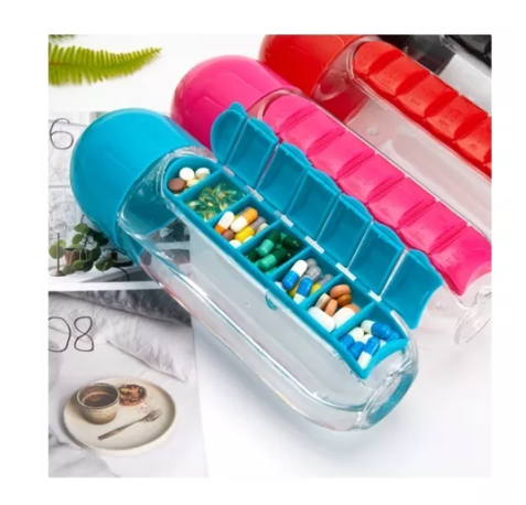 Botella de Agua 2 en 1 con Pastillero Integrado – Hidratación y Control Diario en un Solo Producto