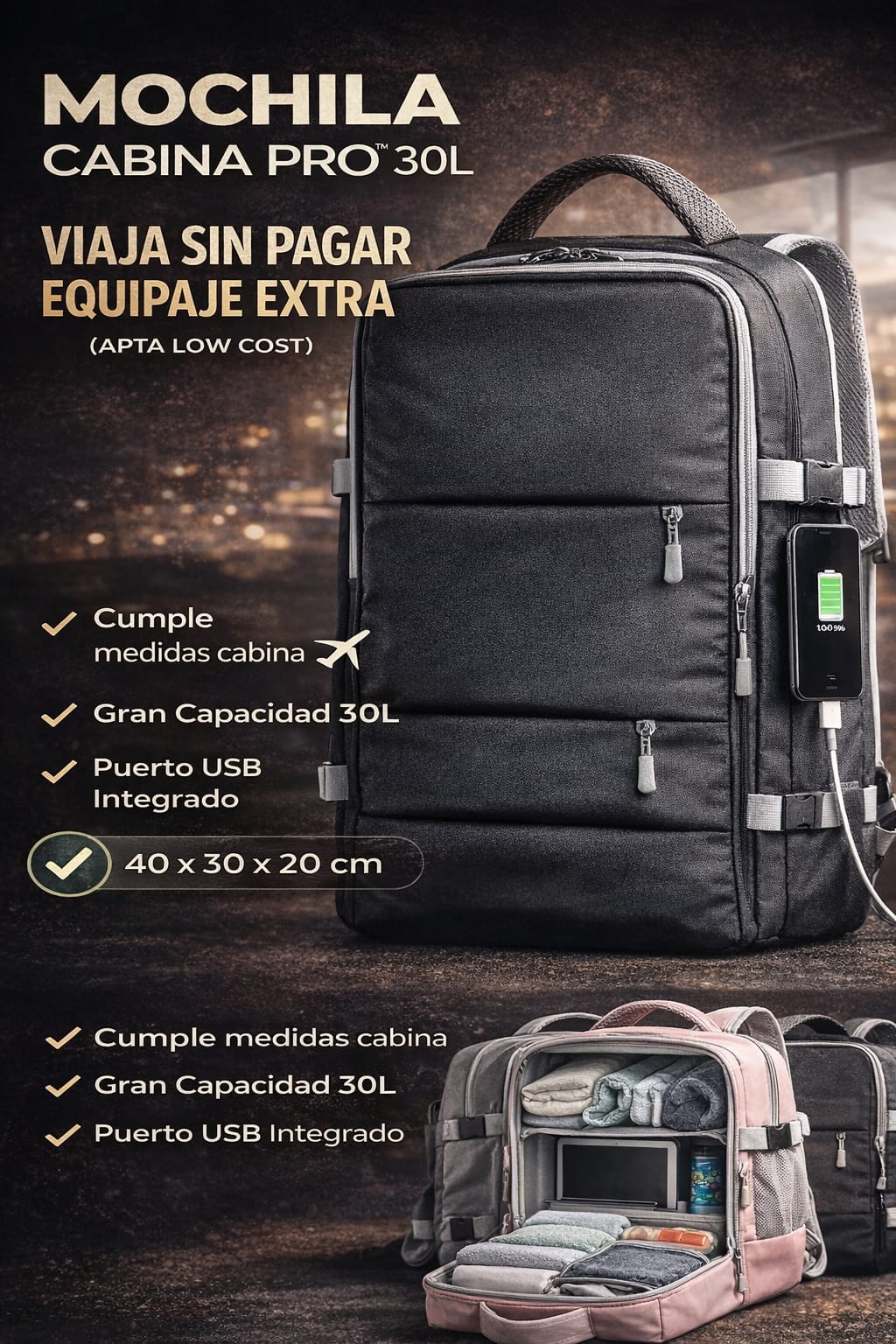 Mochila Cabina Pro™ 30L: Viaja sin Pagar Equipaje Extra (Apta Low Cost)✈️