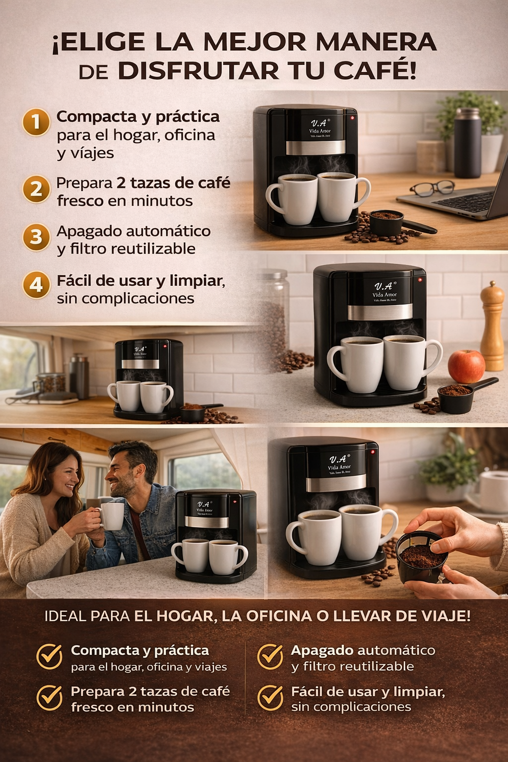 ☕Cafetera Electrica de 2 Tazas Vida Amor - Compacta y con Apagado Automático