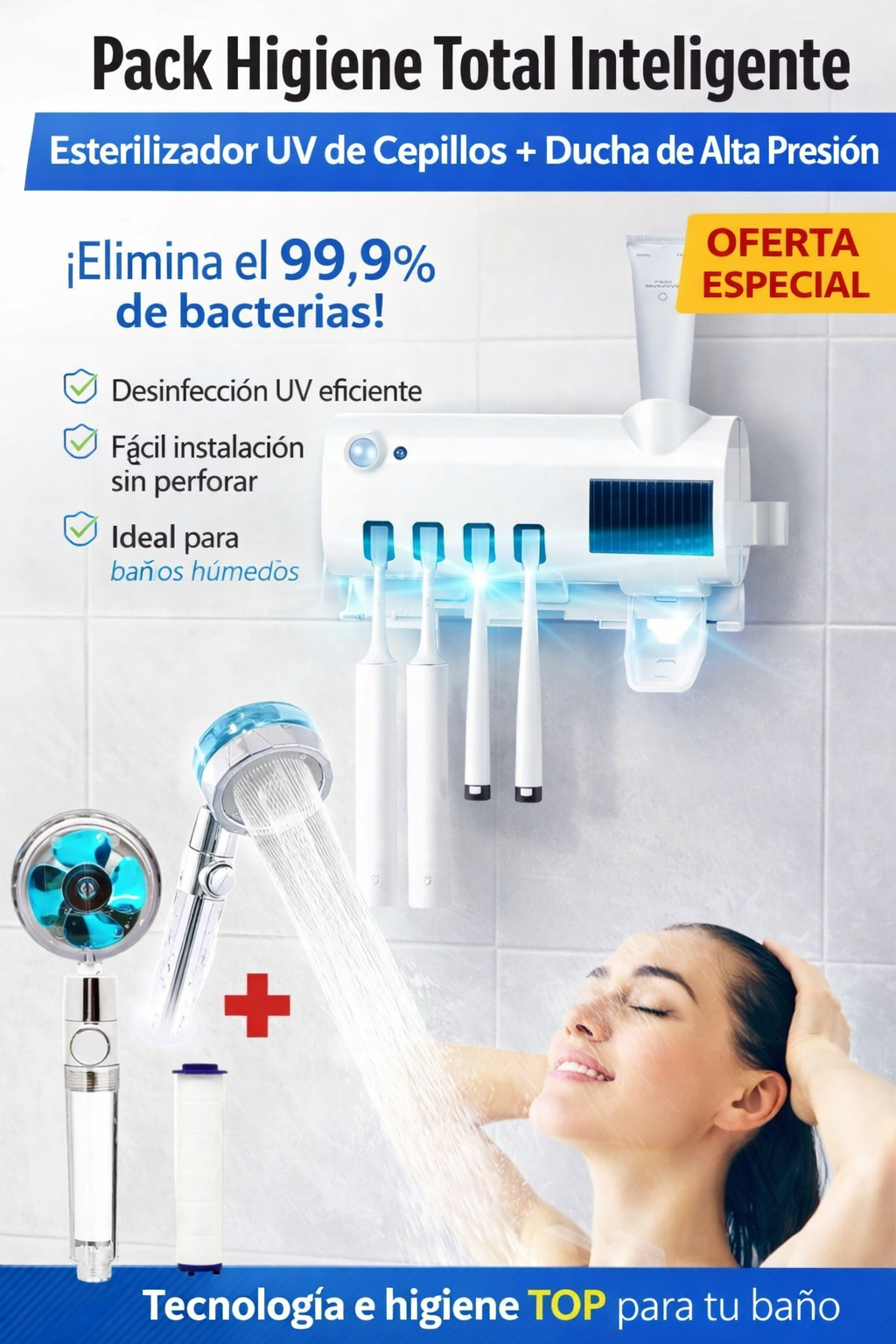Esterilizador UV de Cepillos + Ducha de Alta Presión con Filtro